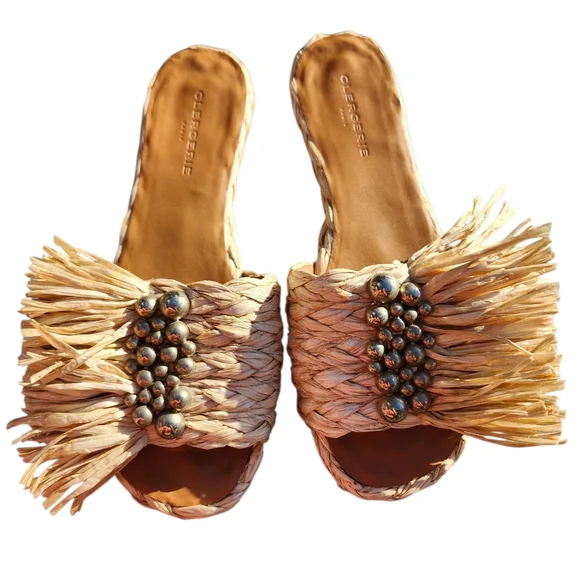 Clergerie Paris Raffia Fringd Slide Silver Sandals Sz EU 40 US 9 - Picture 2 of 8